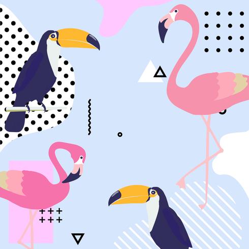 Fundo pastel na moda com flamingo e tucano vetor