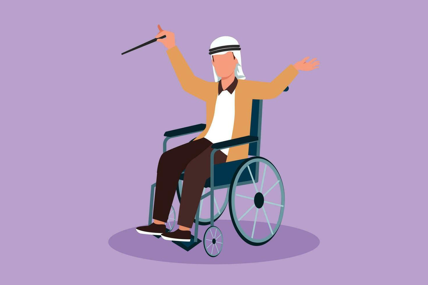 desenho animado plano estilo desenhando jovem árabe homem condutor sentado dentro cadeira de rodas conduzindo orquestra dentro musical evento. incapacidade e clássico música. fisicamente desabilitado. gráfico Projeto vetor ilustração