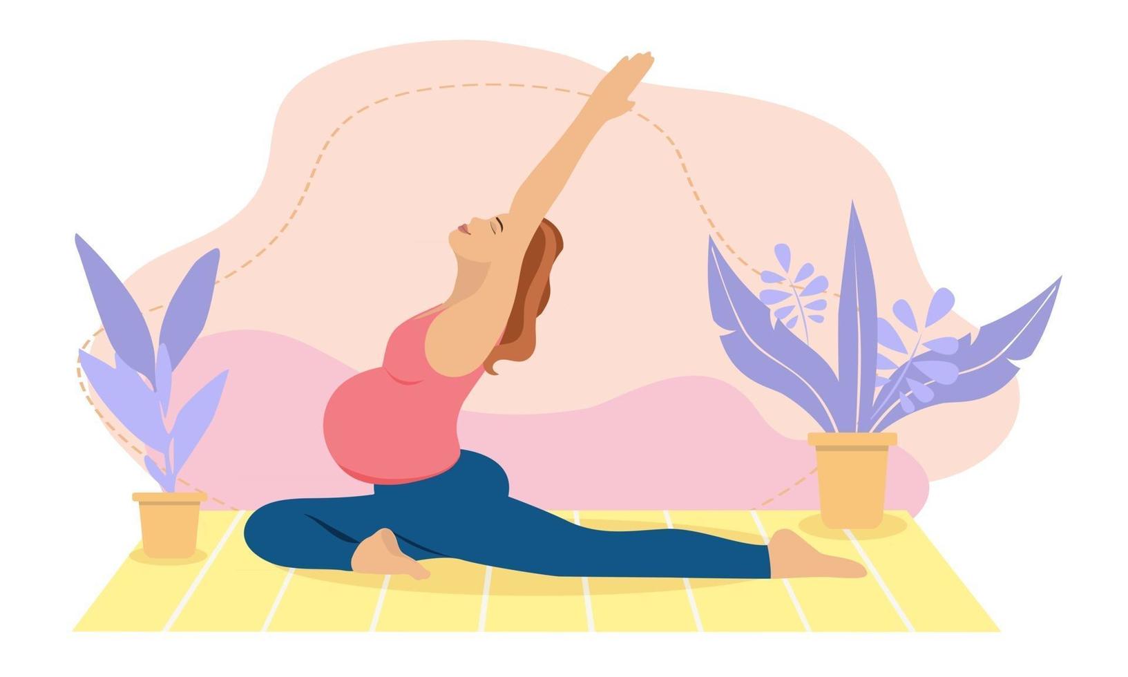 mulher grávida meditando em casa. ilustração do conceito de ioga pré-natal, meditação, relaxamento, recreação, estilo de vida saudável. ilustração em estilo cartoon plana. vetor