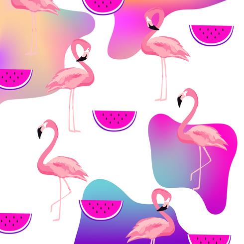 Flamingo fluida na moda e melancia sem costura de fundo vetor