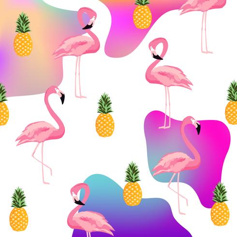Flamingo fluído na moda e abacaxi sem costura de fundo vetor