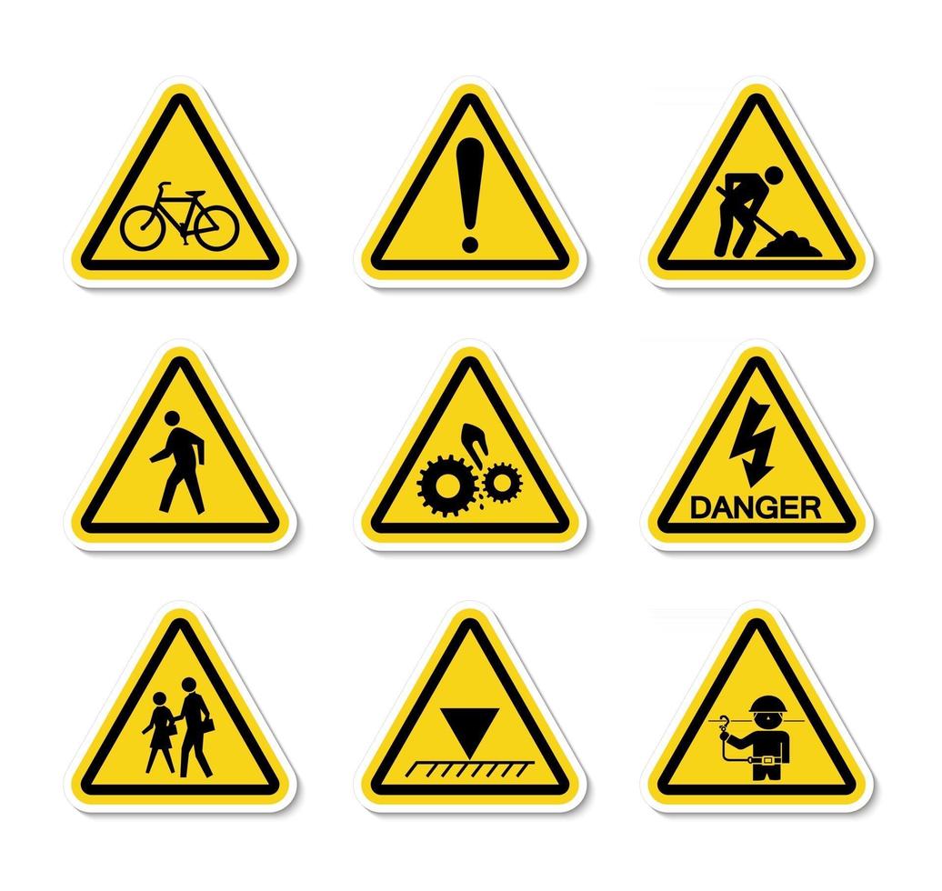 rótulos de símbolos de perigo de aviso triangular assinar isolar no fundo branco, ilustração vetorial vetor