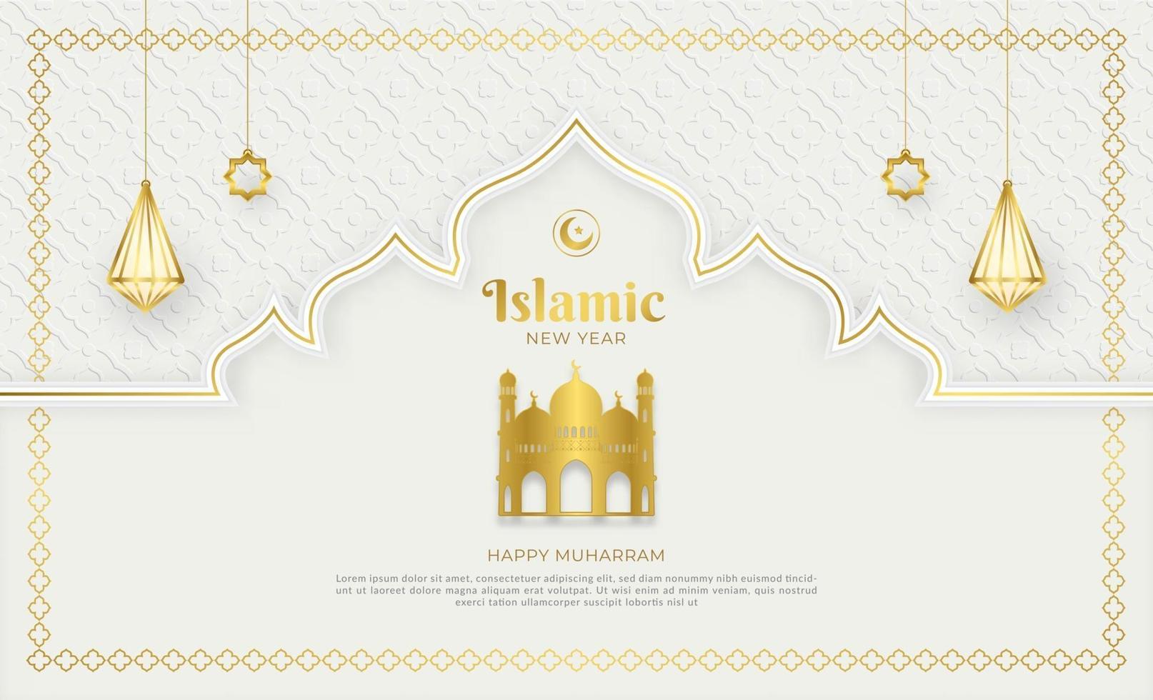 fundo de ano novo islâmico branco e dourado de luxo com lanterna pendurada, feliz muharram, ornamental realista, ilustração vetorial. vetor