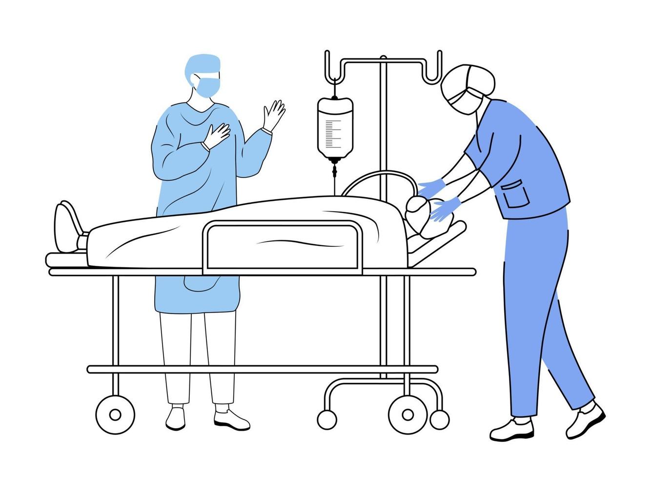 ilustração em vetor plana operação cirúrgica. anestesista e cirurgião com paciente em personagens de desenhos animados simples de maca. procedimento médico, reanimação. conceito de cirurgia isolado no fundo branco