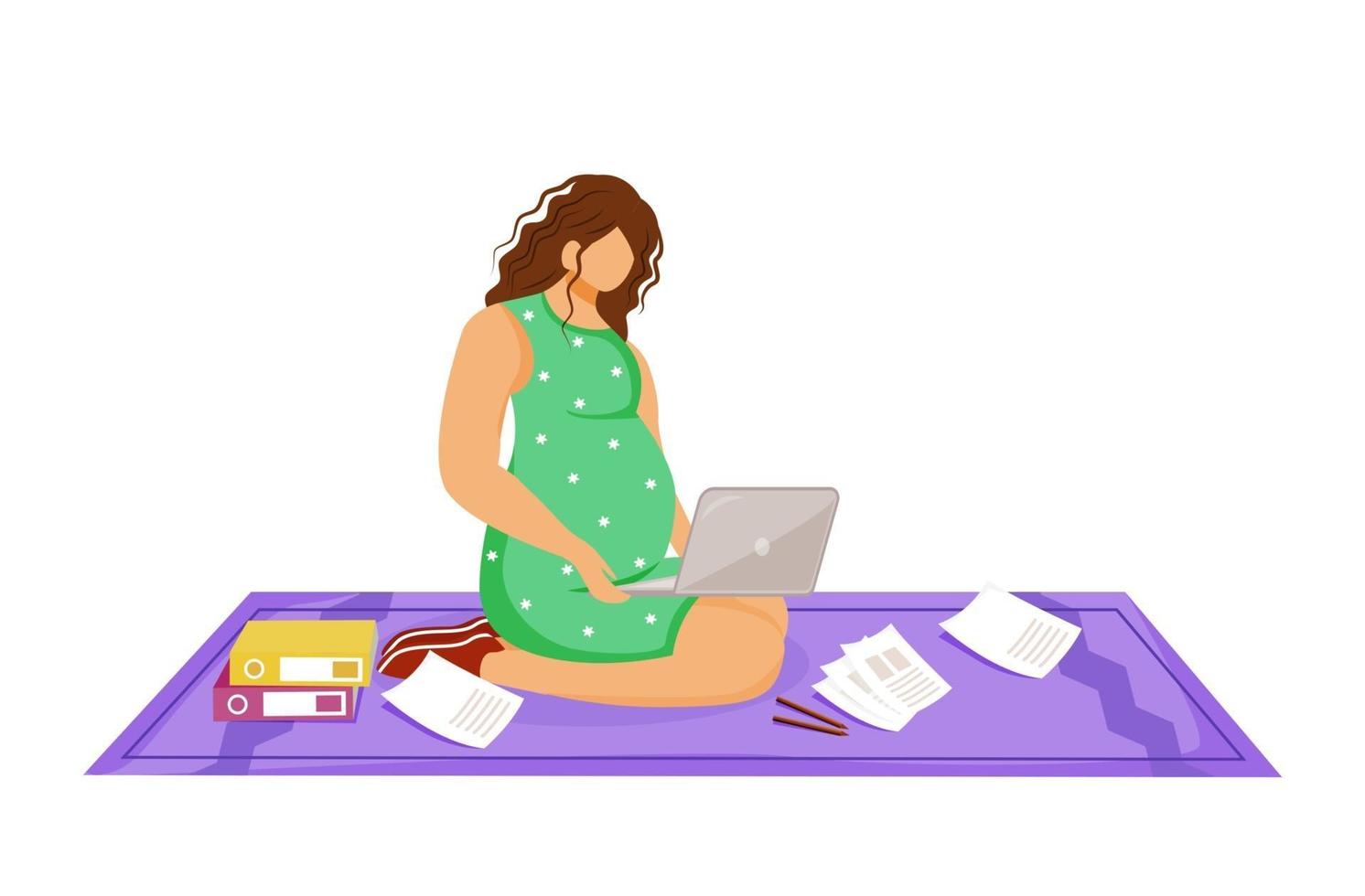 mulher grávida freelancer com laptop fazendo seu trabalho ilustração vetorial plana. trabalhador distante. jovem fazendo trabalho sentada no chão, personagem de desenho animado no fundo branco vetor
