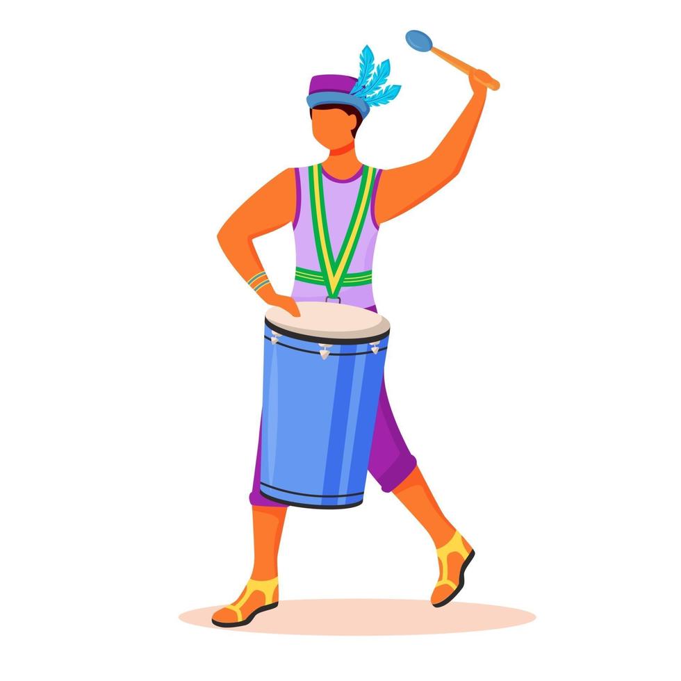 brasil carnaval baterista cor plana vetor personagem sem rosto. homem latino de camiseta e chapéu. samba. cara brincando na conga por ilustração de desenho isolado de baqueta para design gráfico da web e animação