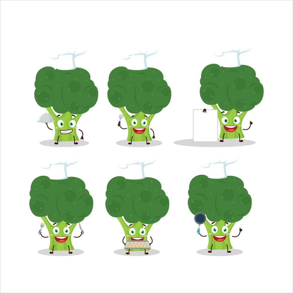 desenho animado personagem do brocoli com vários chefe de cozinha emoticons vetor