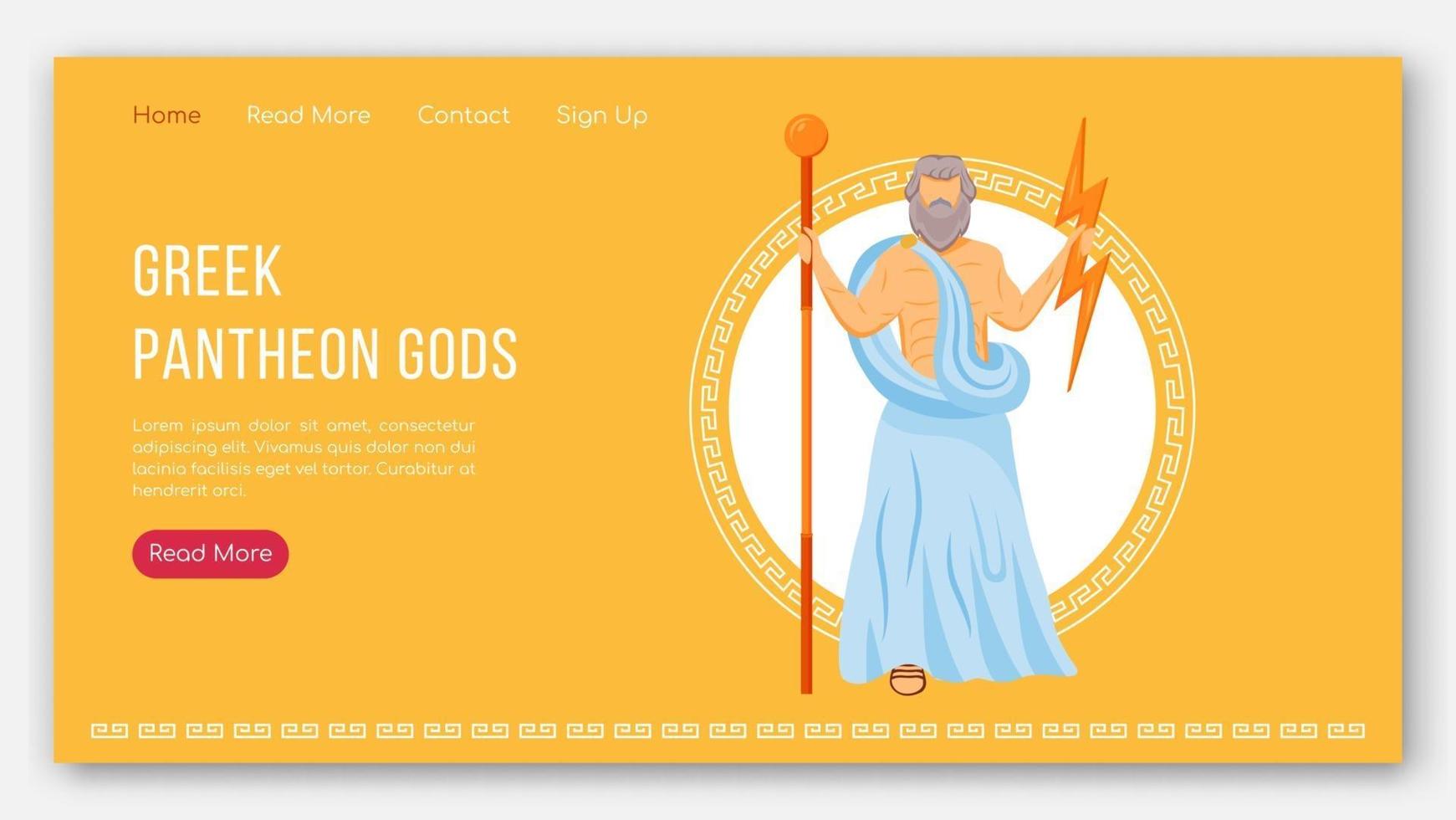 modelo de vetor de página de destino Zeus. deuses do panteão grego. um dos 12 atletas olímpicos. ideia de interface de site de mitologia antiga com ilustrações planas. layout da página inicial, banner da web, conceito de desenho da página da web