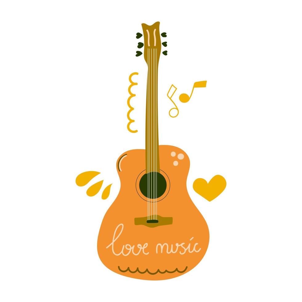 mão desenhada guitarra instrumento musical com guitarra de amor de texto. ilustração plana moderna. vetor