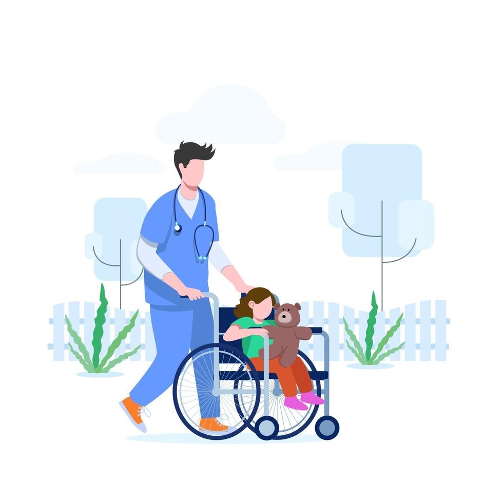médico e crianças com ilustração vetorial de conceito de cadeira de rodas vetor