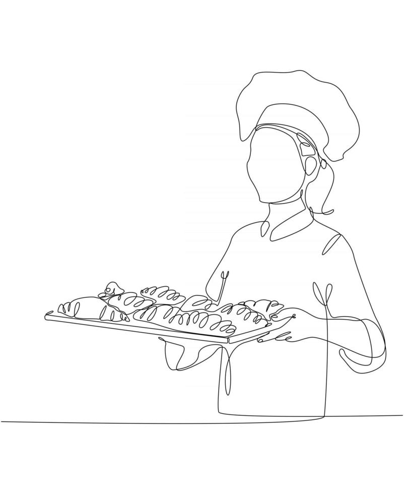 desenho de linha contínua de mulher carregando porções de pão, ilustração vetorial vetor