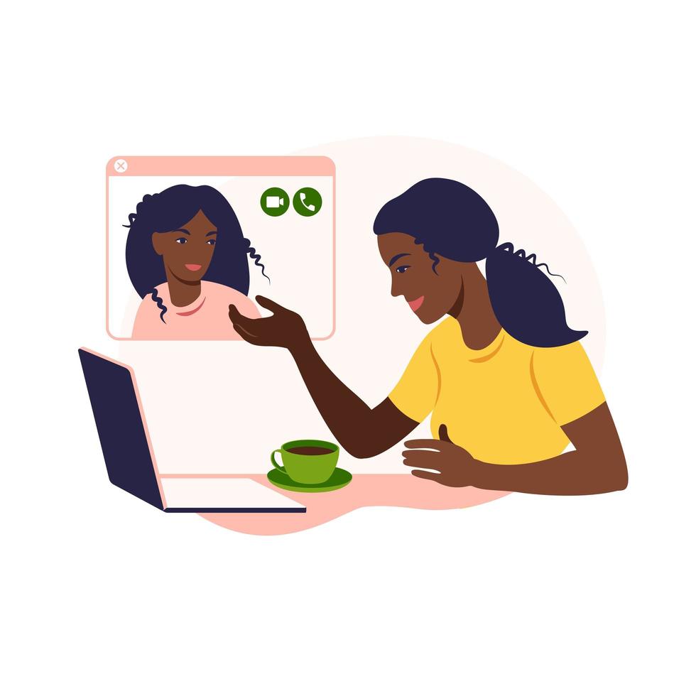 amigas africanas conversam online. menina sentada em uma cadeira na frente de um laptop e fala com um amigo. videoconferência, conceito de chat online. trabalho ou reunião online de casa. ilustração vetorial. vetor