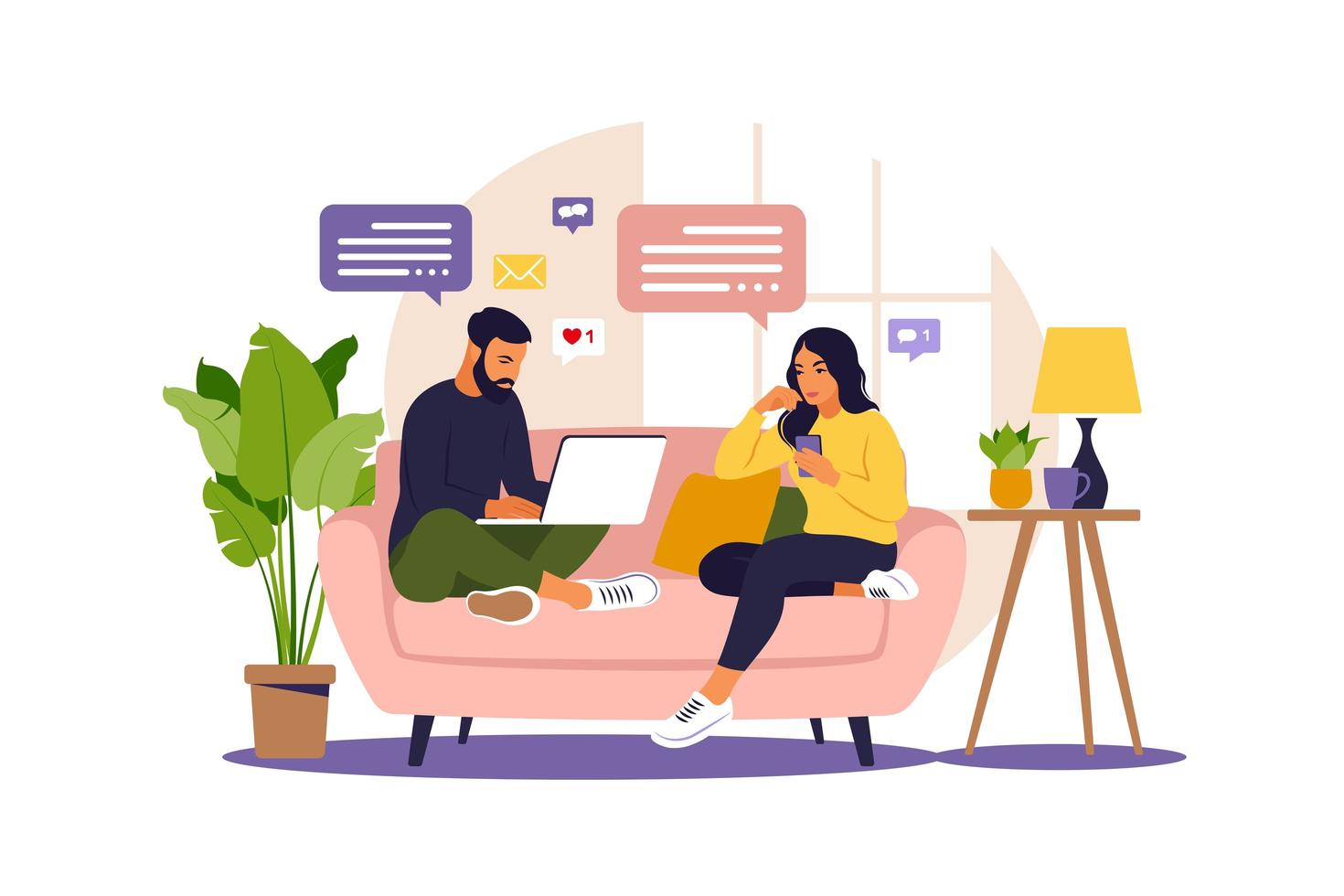 mulheres e homens sentados em um sofá e trabalhando online em casa. freelance, educação online ou conceito de mídia social. ilustração do vetor isolada no branco. estilo simples.