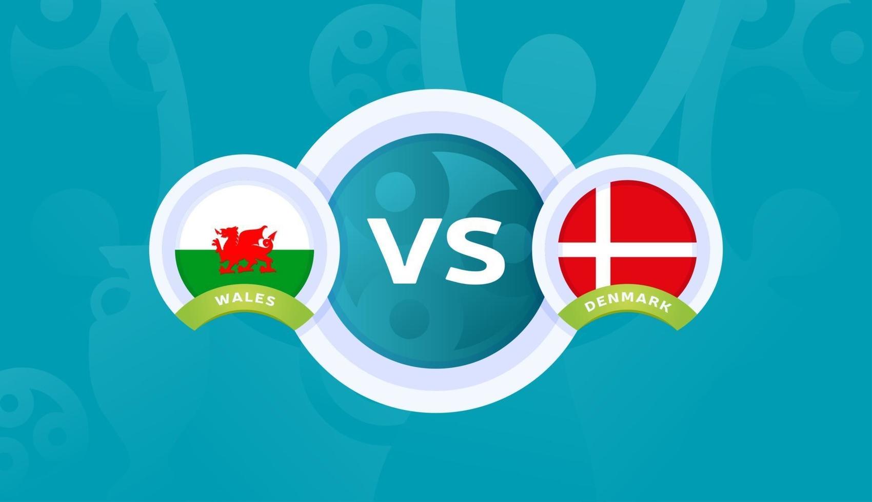 wales vs dinamarca rodada de 16 partida, ilustração em vetor campeonato europeu de futebol de 2020. jogo do campeonato de futebol 2020 contra times - introdução ao fundo do esporte