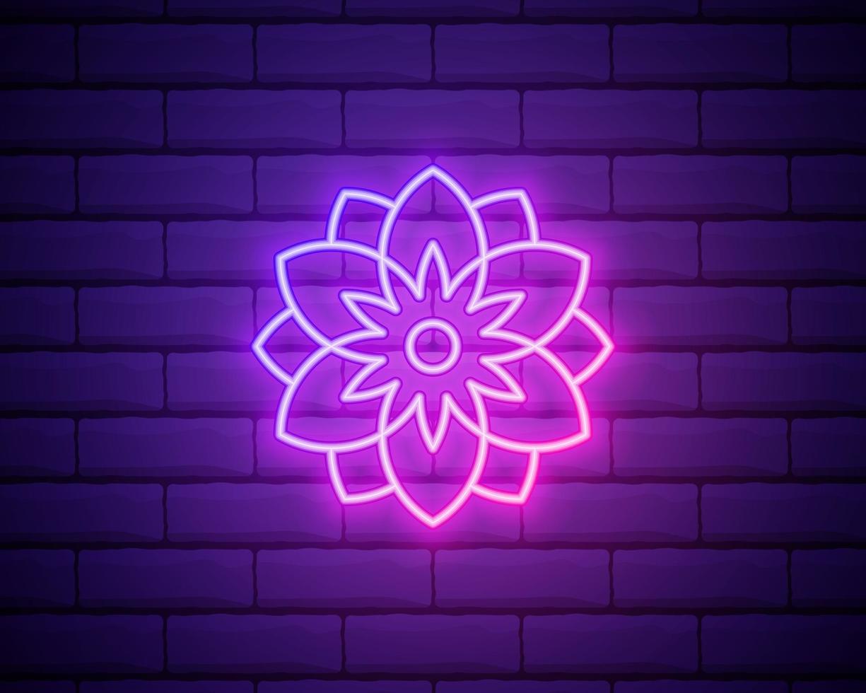 flor rosa brilhante neon ícone ui ux. vetor de logotipo de sinal brilhante. flor brilhante isolada no fundo da parede de tijolos