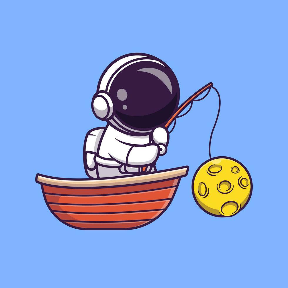 astronauta pescaria lua em barco desenho animado vetor ícone ilustração. Ciência feriado ícone conceito isolado Prêmio vetor. plano desenho animado estilo