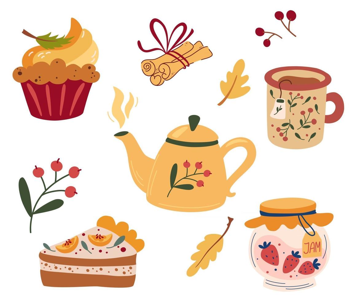 festa do chá aconchegante. conjunto de chá bules, torta de abóbora, muffin, xícara de chá quente, geléia e canela. serviço de chá, flores de jardim e lanches. ilustração em vetor plana.