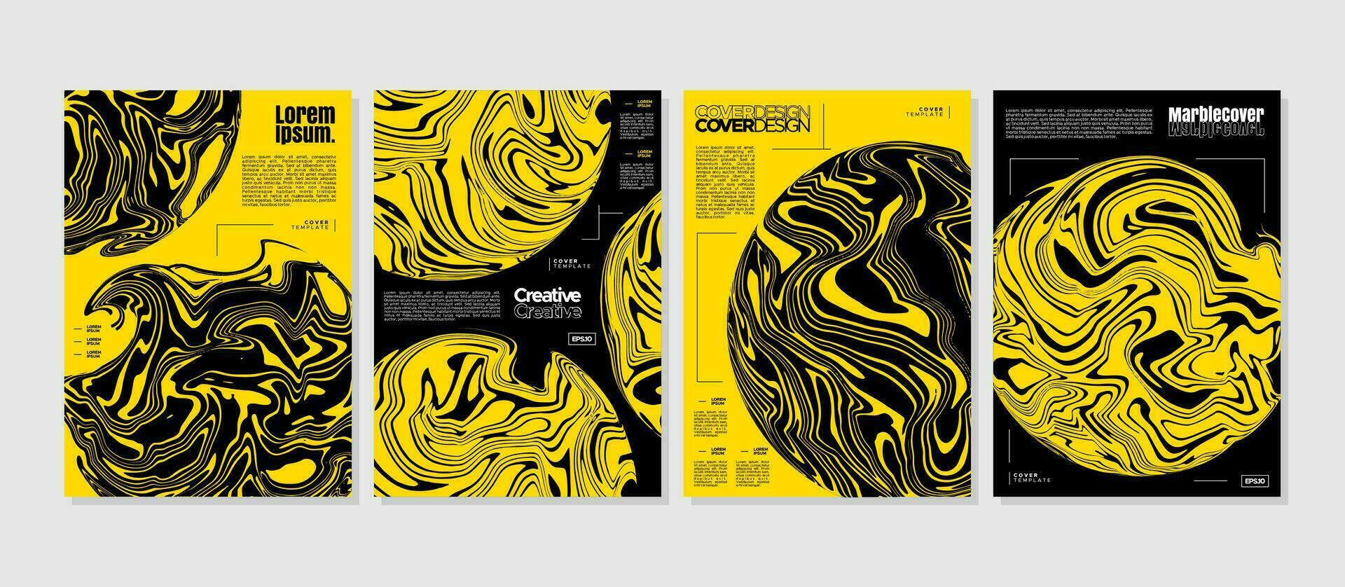 conjunto do amarelo e Preto abstrato mármore círculo poster cobrir Projeto modelo. vetor