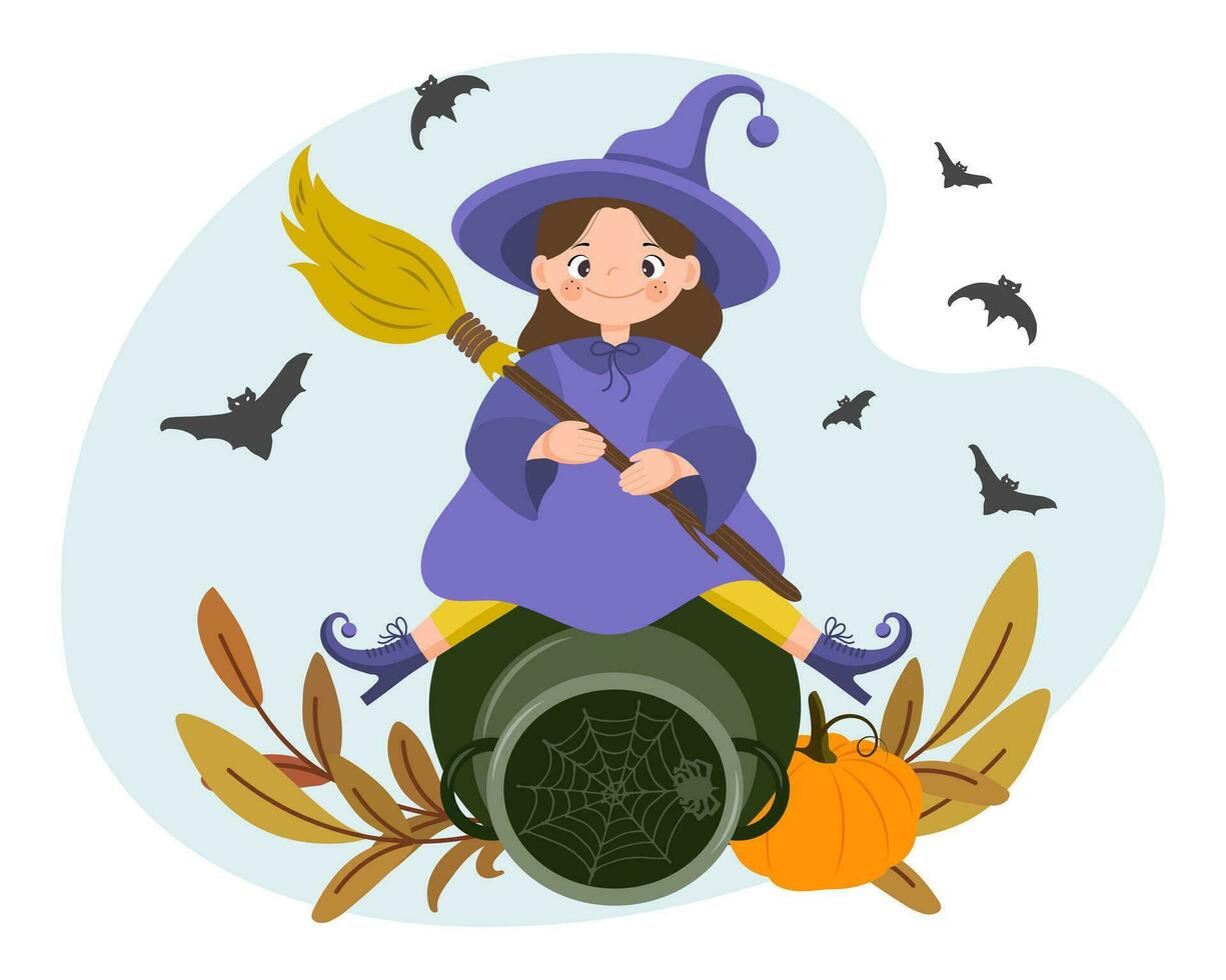 ilustração de halloween, bruxinha bonitinha dos desenhos animados com uma vassoura em um jarro mágico, abóbora e morcegos. impressão infantil, vetor