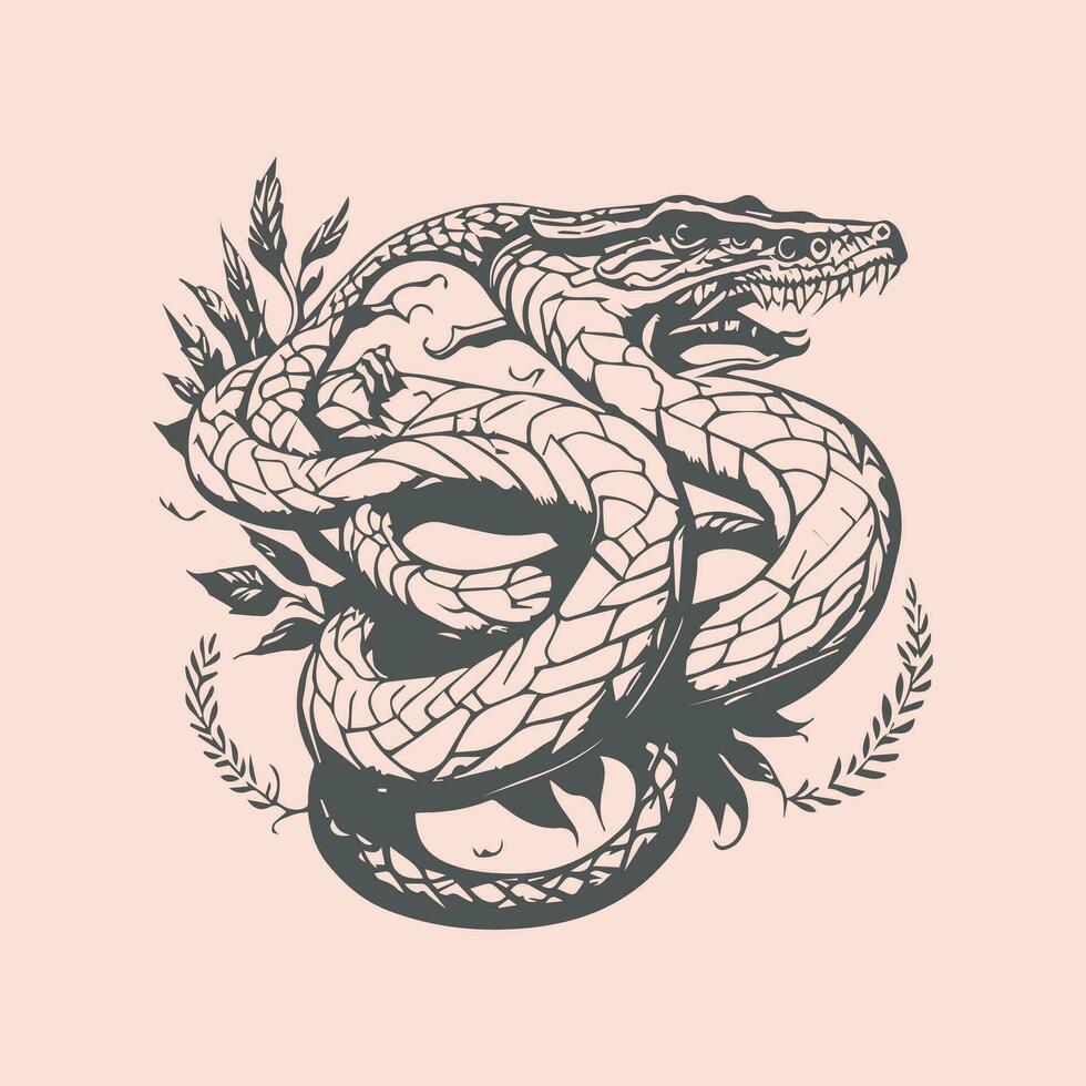 vetor esboço na moda fantasia tatuagem Projeto para vestuário e t camisas. adesivo, mascote, tatuagem, rosa, cobra, fantasia, diabo, obra de arte, têxtil, animais selvagens, mão retirou, ilustração, nervoso, imprimir, esqueleto.