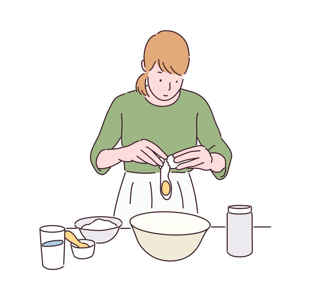 uma mulher está colocando ovos em uma tigela. mão desenhada estilo ilustrações vetoriais. vetor