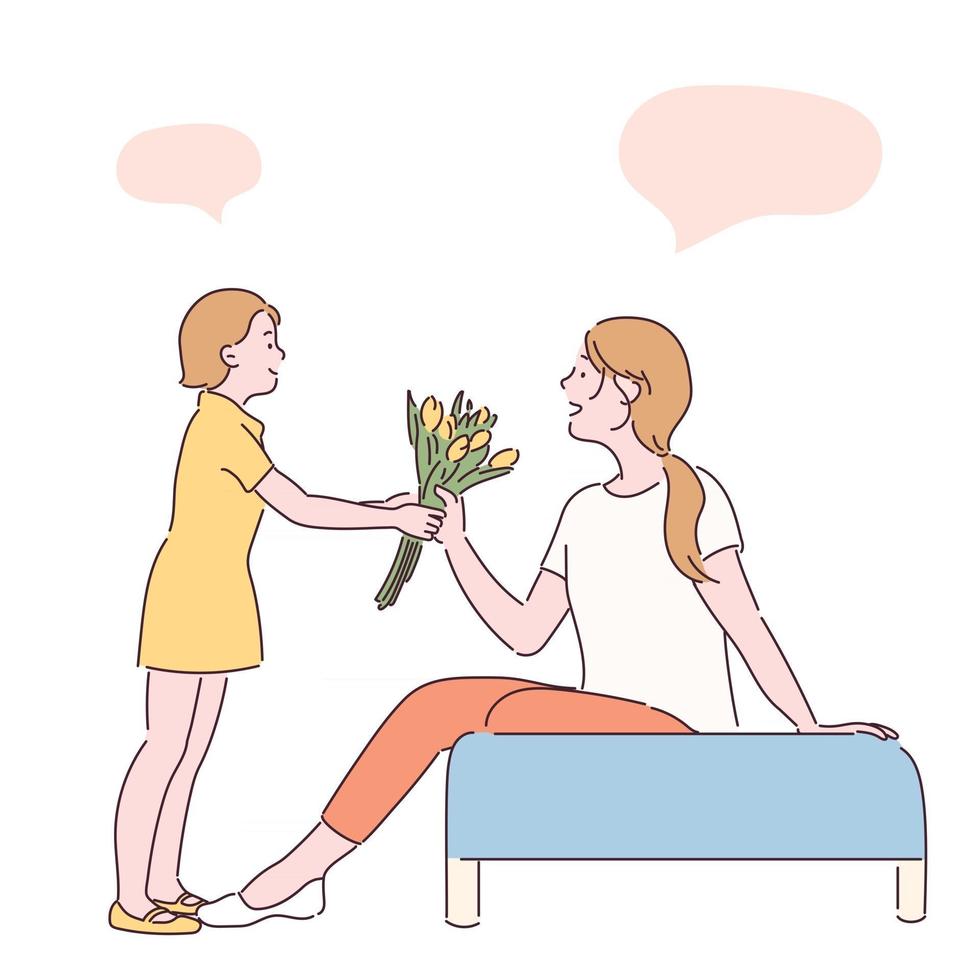 uma filha está apresentando flores para a mãe. mão desenhada estilo ilustrações vetoriais. vetor