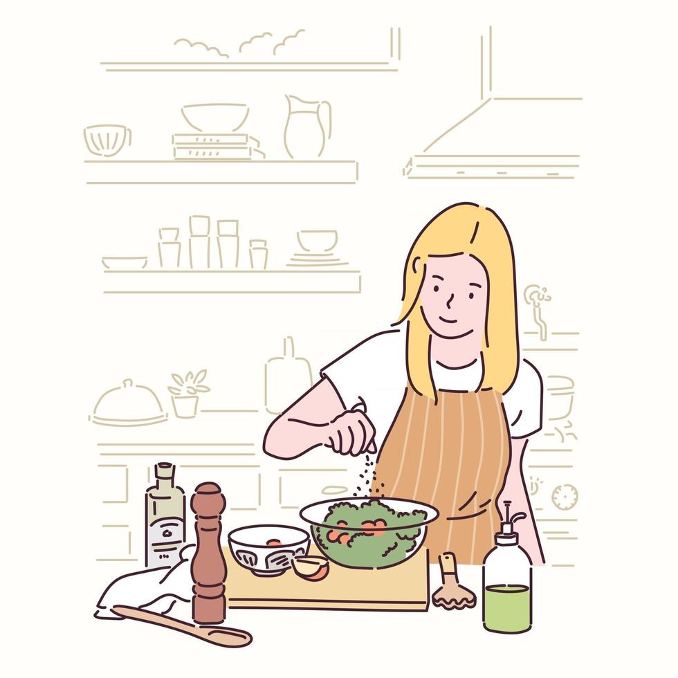 uma mulher está fazendo uma salada. mão desenhada estilo ilustrações vetoriais. vetor