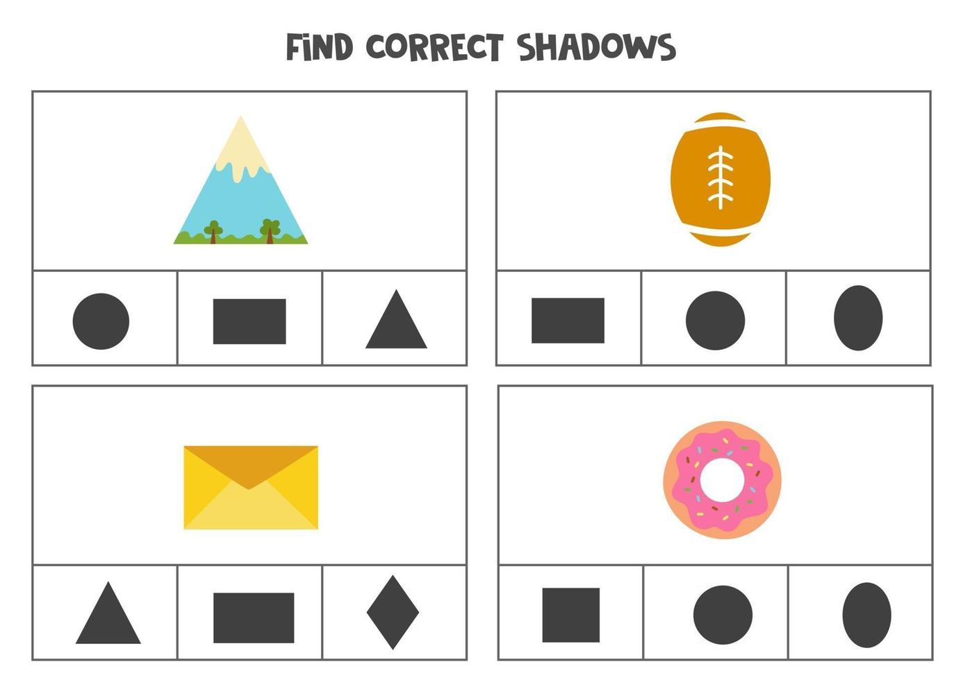 encontre a sombra correta dos objetos. jogos de cartas de clipe para impressão para crianças. vetor
