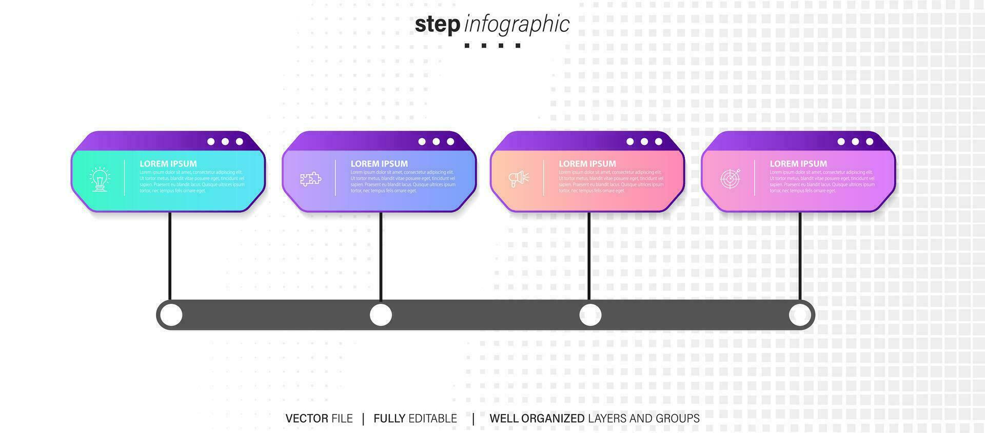 conceito do o negócio modelo com 4 sucessivo passos. quatro colorida gráfico elementos. Linha do tempo Projeto para folheto, apresentação. infográfico Projeto disposição vetor