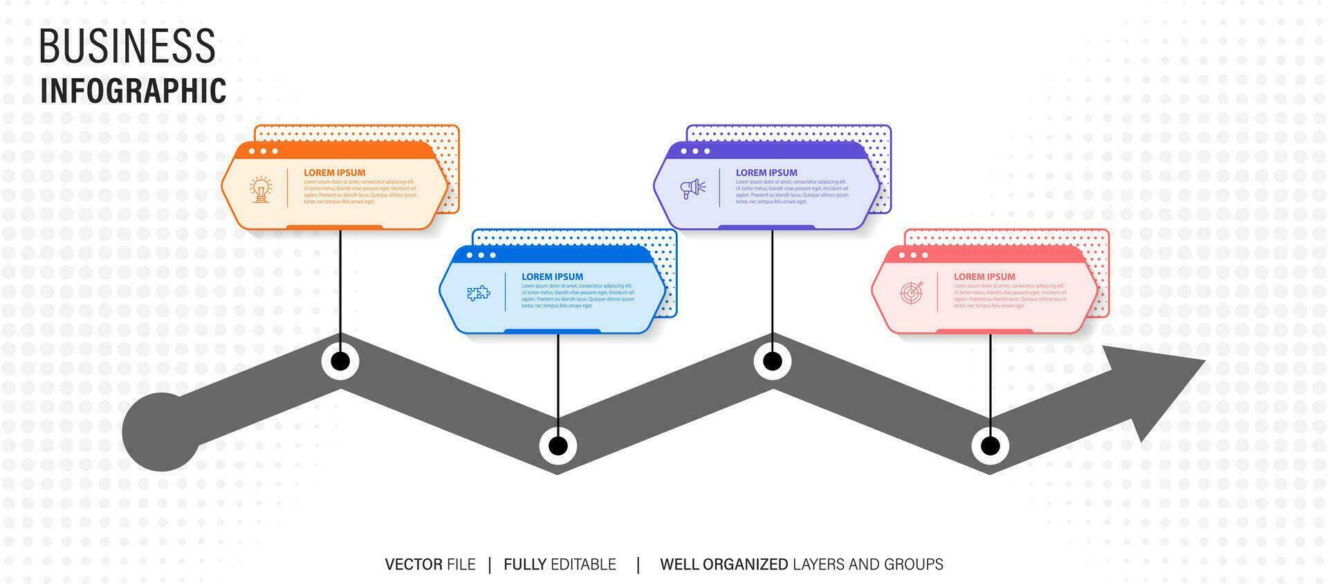 conceito do o negócio modelo com 4 sucessivo passos. quatro colorida gráfico elementos. Linha do tempo Projeto para folheto, apresentação. infográfico Projeto disposição vetor