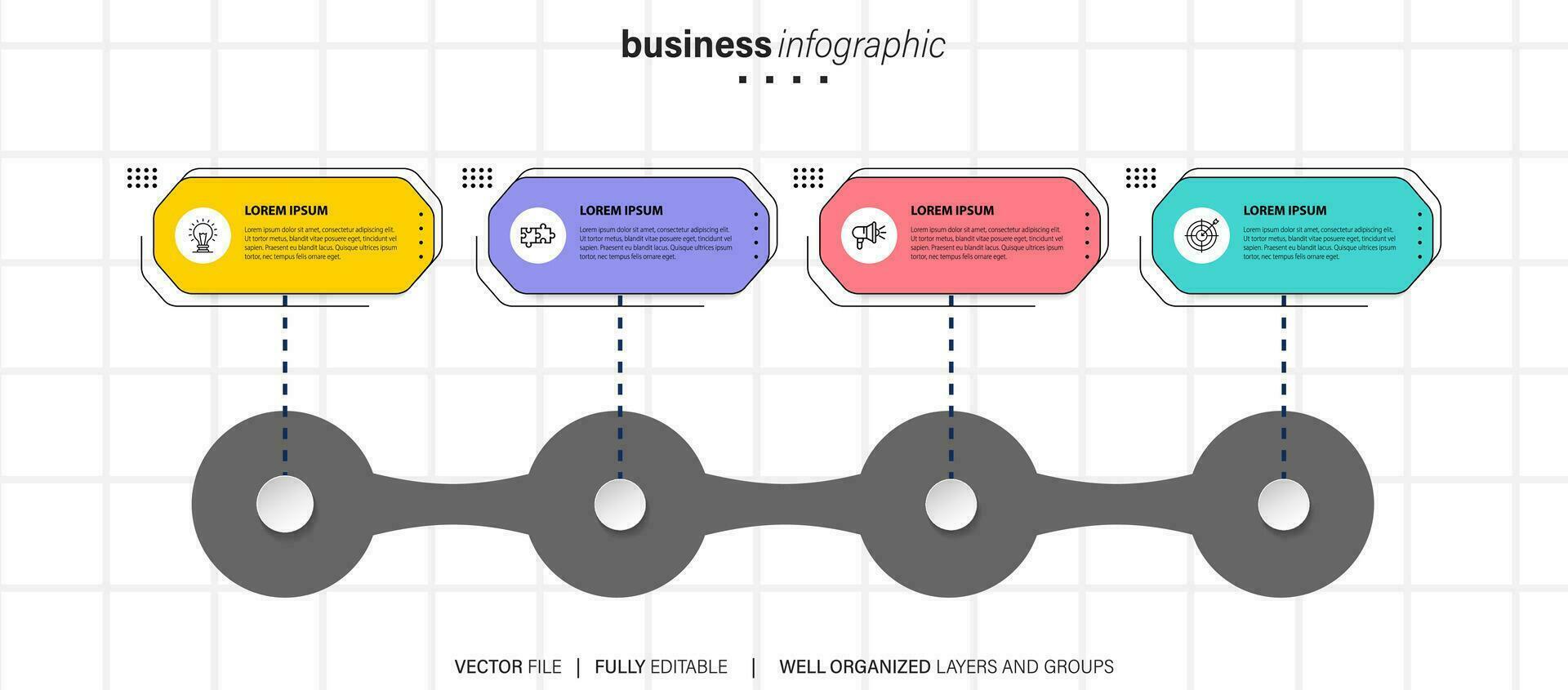 linha degrau infográfico. 4 opções fluxo de trabalho diagrama, círculo Linha do tempo número infográfico, processo passos gráfico. linear vetor infográficos. processo ordem infográfico seta e passos ponto ilustração