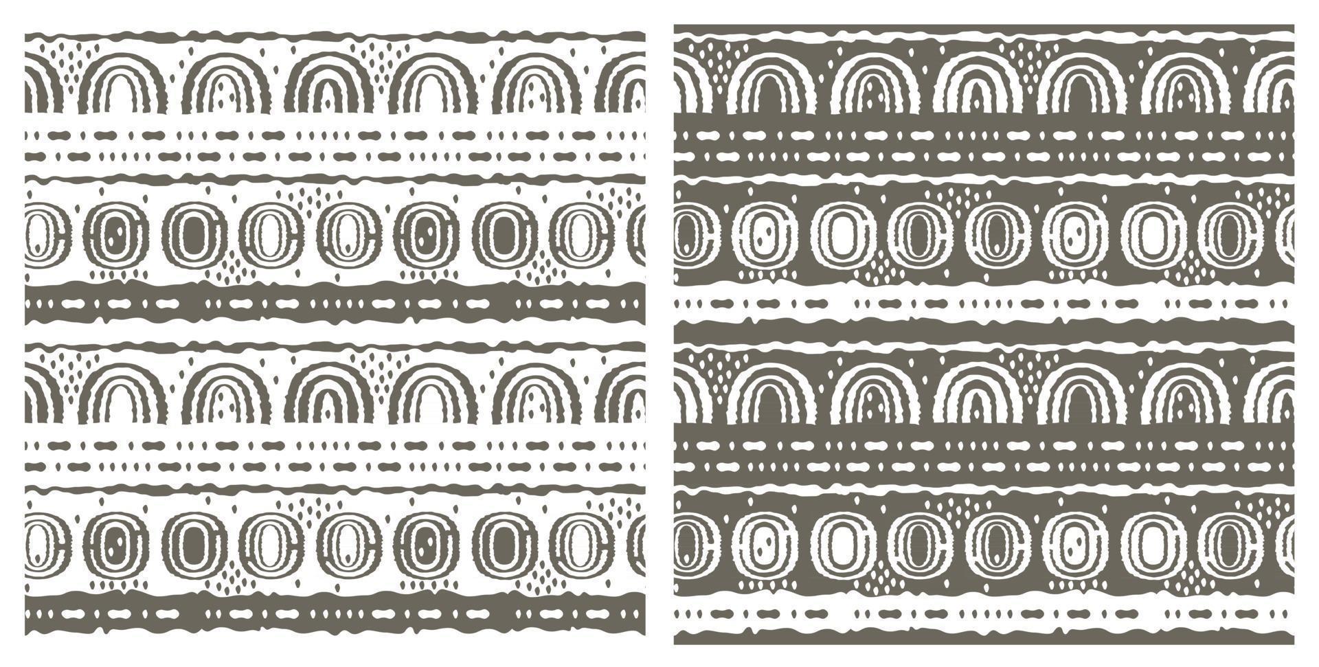 conjunto de dois mesmos padrões sem emenda. ovais, semicírculos, arco-íris, linhas, pontos, círculos e outras formas. linhas curvas ásperas de cinza e branco, efeito de emulação desenhado à mão vetor