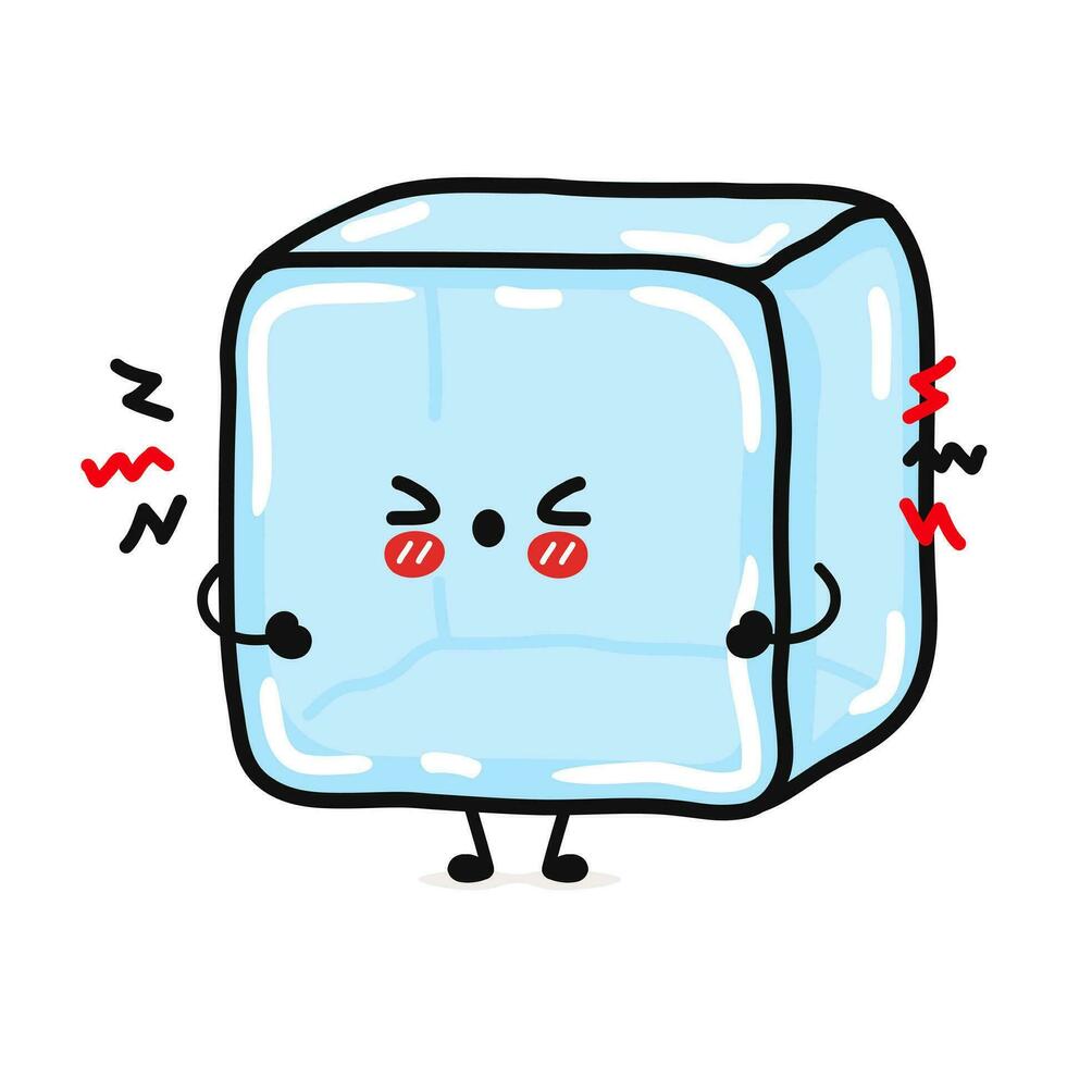 Bravo gelo cubo personagem. vetor mão desenhado desenho animado kawaii personagem ilustração ícone. isolado em branco fundo. triste gelo cubo personagem conceito