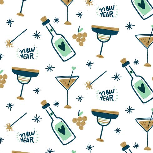 Padrão feliz ano novo com champanhe, taças e estrelinhas vetor