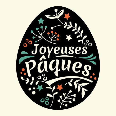 Feliz Páscoa Lettering ou Joyeuses Pâques com ovos e folhas de fundo vetor