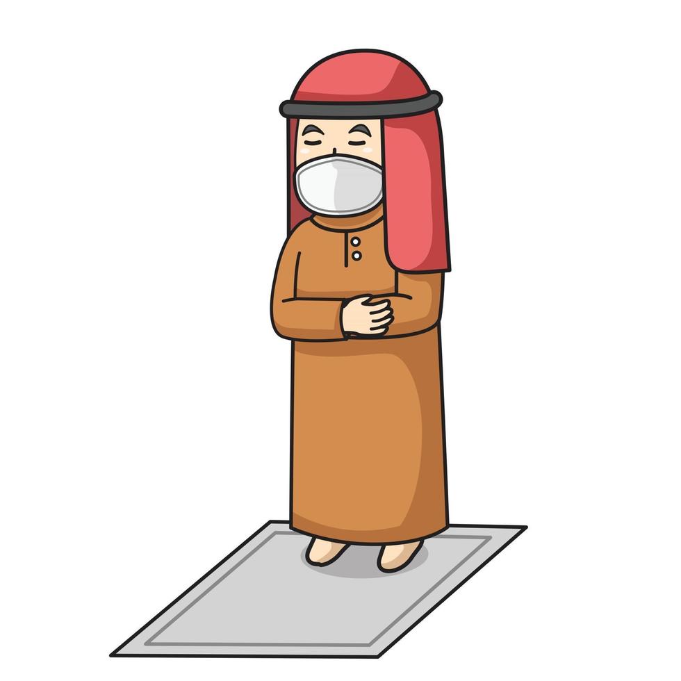 homem muçulmano usar vestido marrom muçulmano tradicional. tarawih orando no mês do ramadã, usando máscara e ilustração de protocol.character saudável. vetor