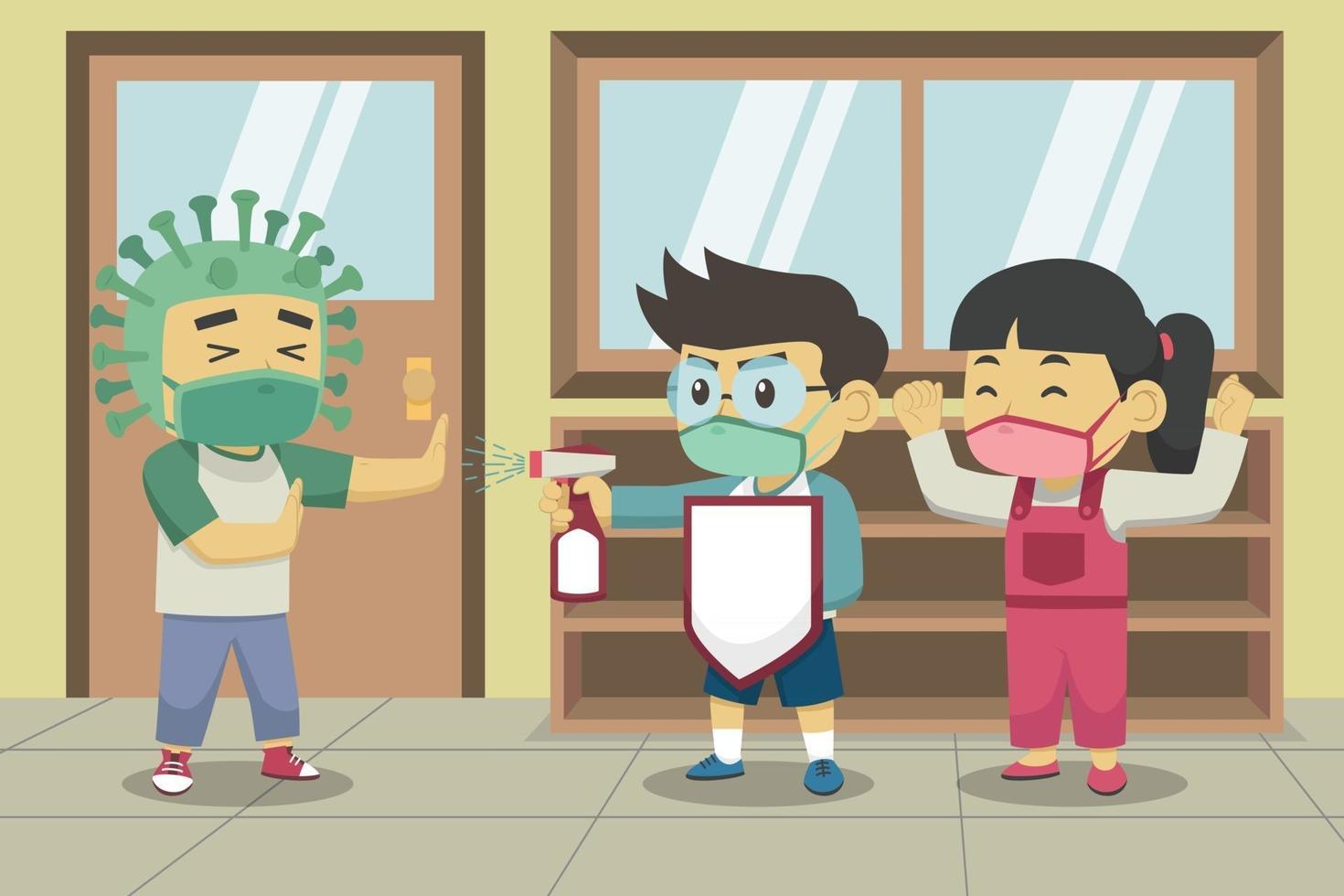 crianças fazendo um show dramático sobre a luta contra covid-19 no corredor da escola. ilustração de livro infantil. ilustração vetorial. vetor