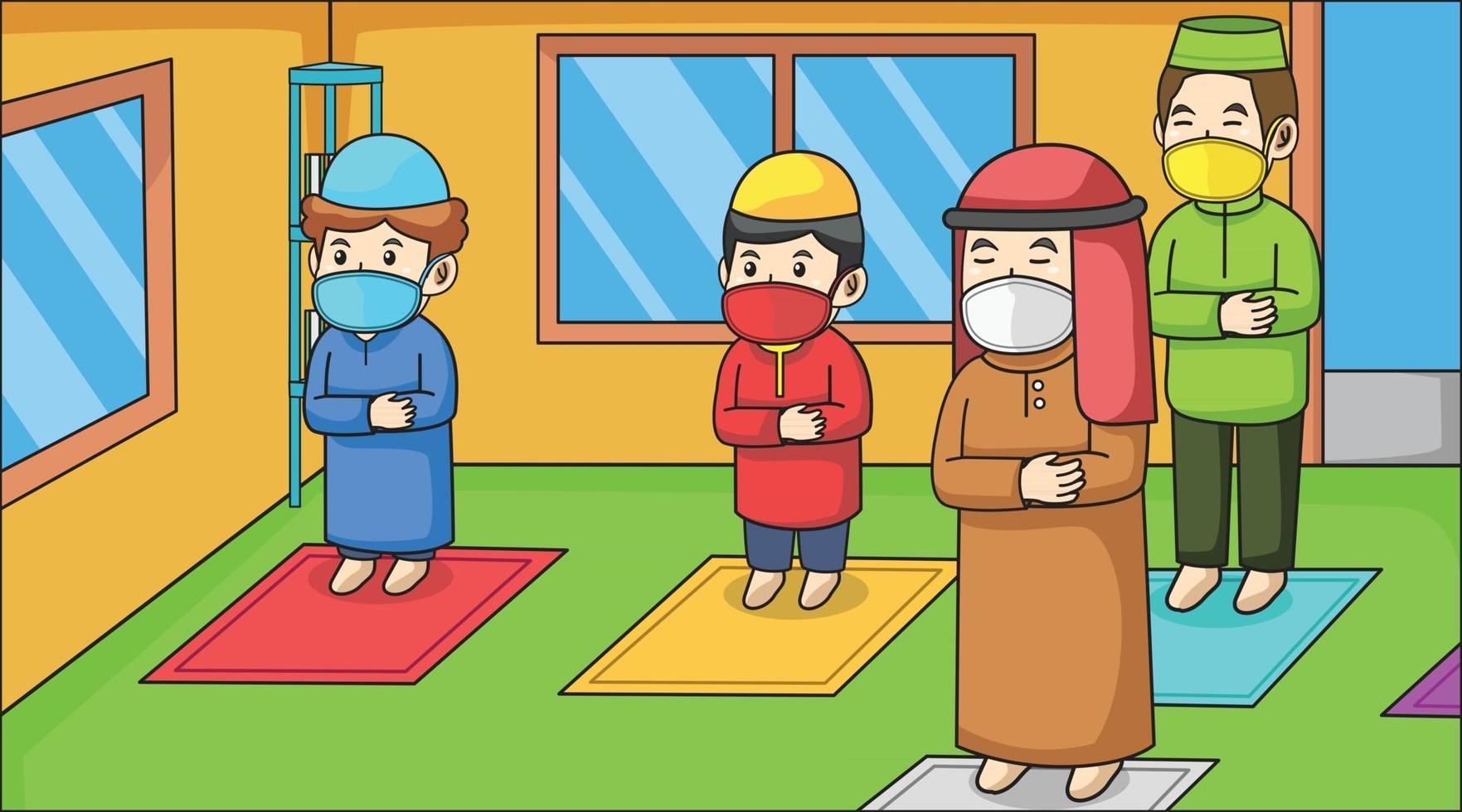 durante a pandemia do vírus corona, muçulmano dentro da mesquita, no mês de ramadã. muçulmano orando tarawih juntos, makmum e imã, usando máscaras e protocolos de saúde. ilustração de livro infantil. vetor