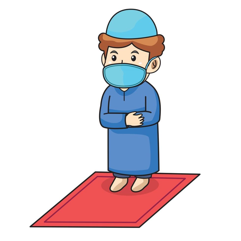 menino muçulmano usar vestido azul muçulmano tradicional. tarawih orando no mês do ramadã, usando máscara e ilustração de protocol.character saudável. vetor