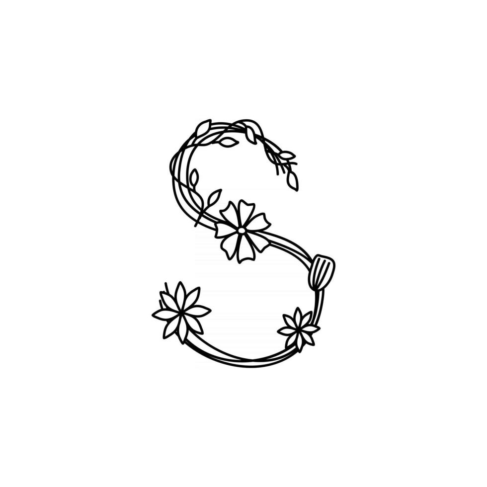 Primavera de logotipo vintage floral negrito letra s. vetores de design de carta de verão clássico com cor preta e floral desenhado com flores de linha monoline