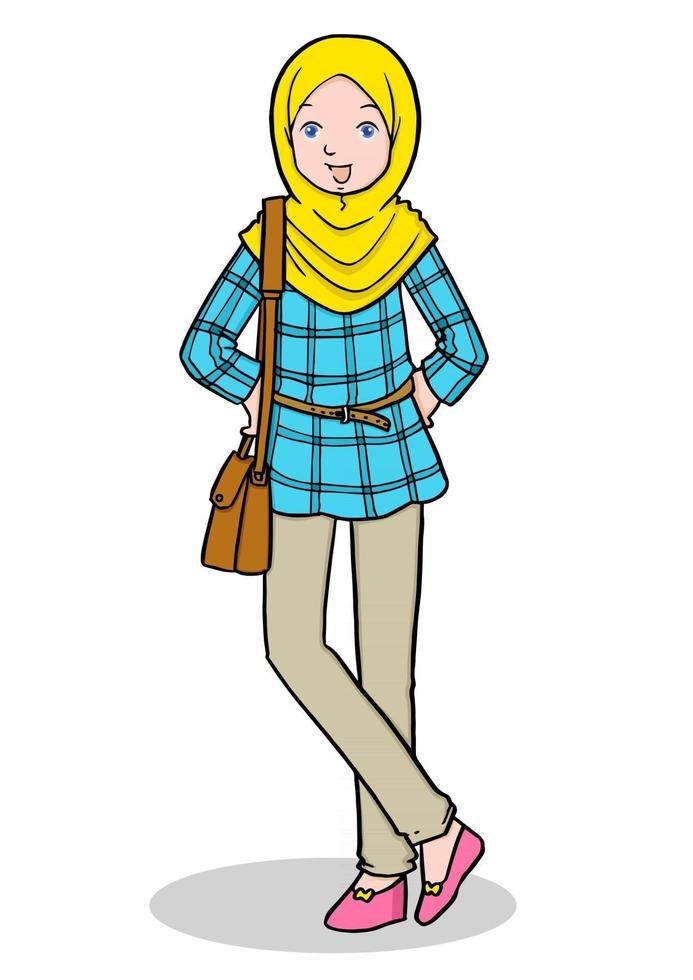 garota asiática na moda muçulmana com bolsa vetor