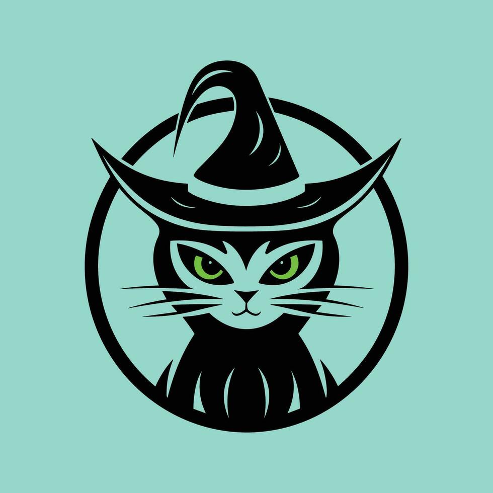 Preto gato vestindo bruxa chapéu em luz azul fundo vetor