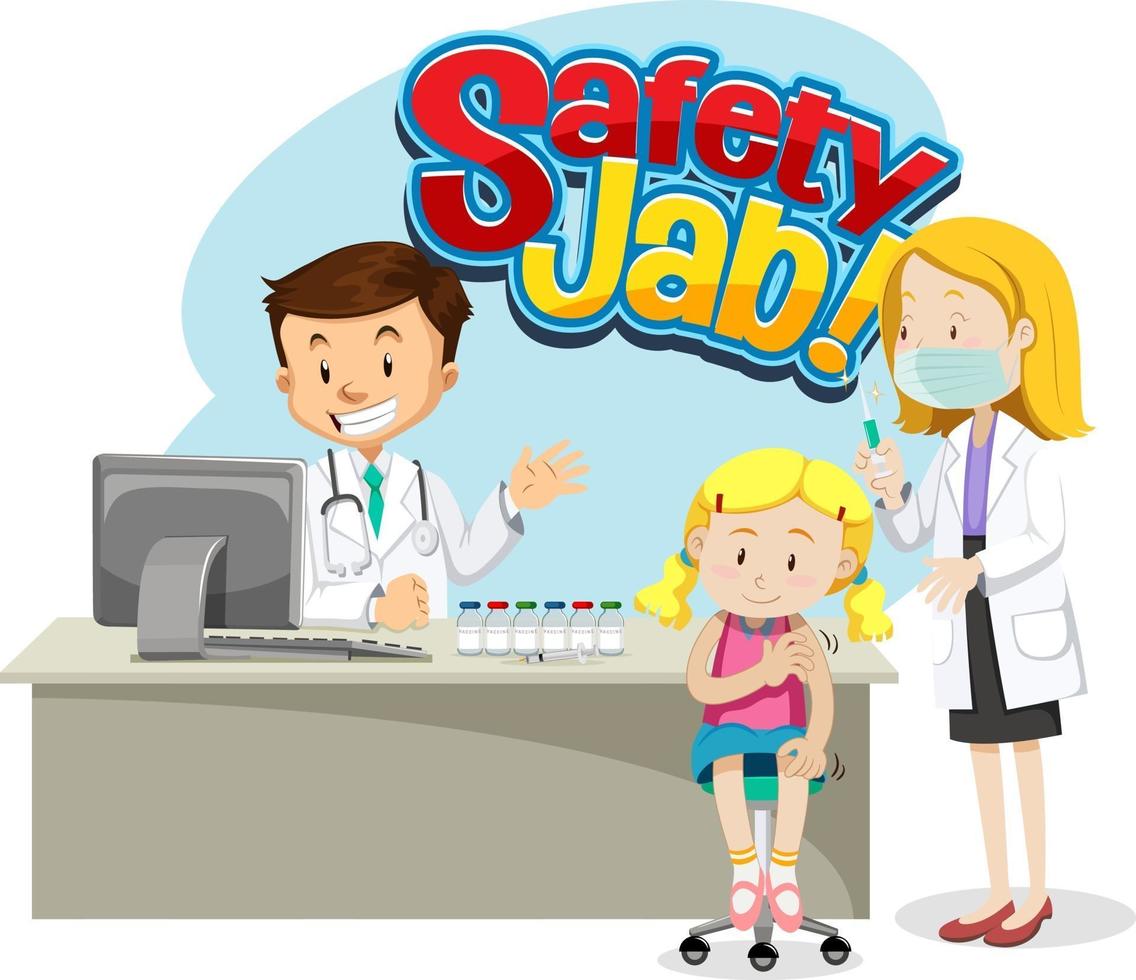 fonte jab de segurança com uma garota recebendo injeção de vacina e personagem de desenho animado médico vetor