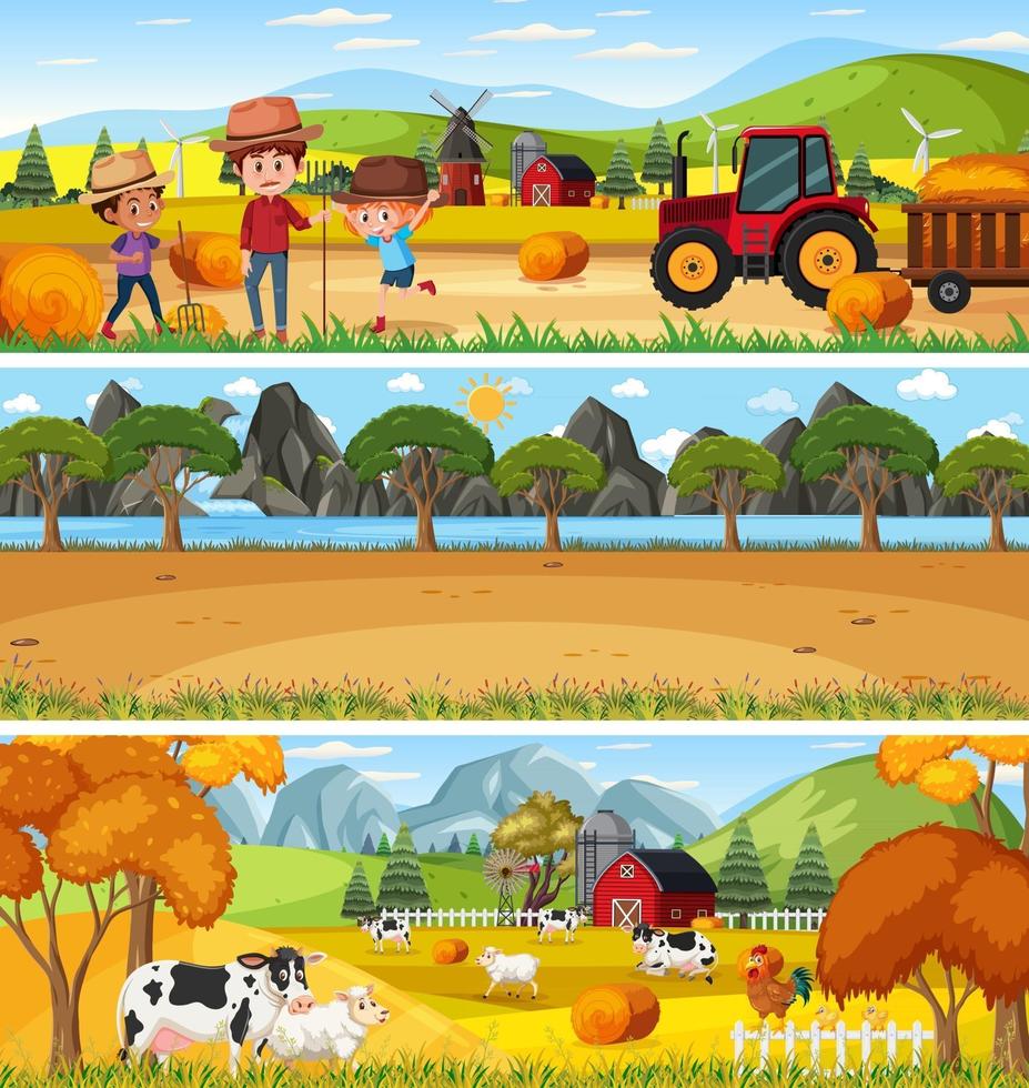 paisagem de natureza diferente em cena diurna com personagem de desenho animado vetor