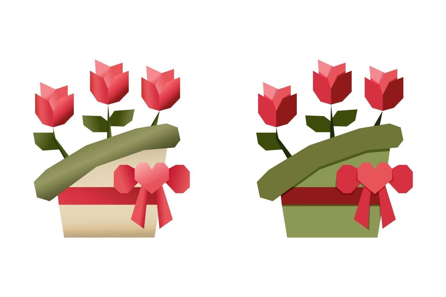 este é um conjunto de cesta de flores de origami com rosas vermelhas vetor