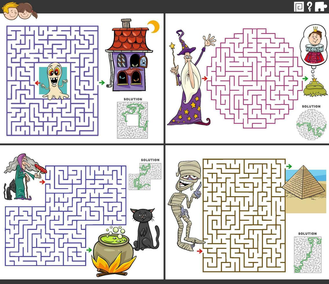 Labirinto Atividades conjunto com desenho animado fantasia personagens vetor