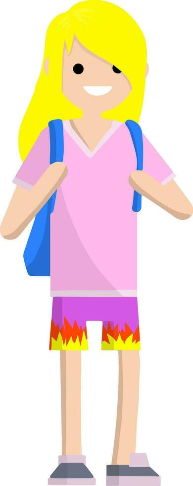 jovem menina dentro uma Rosa camiseta, calção e uma mochila acenando. mulher dentro verão roupa de esporte. aluna e viajante. desenho animado plano ilustração vetor