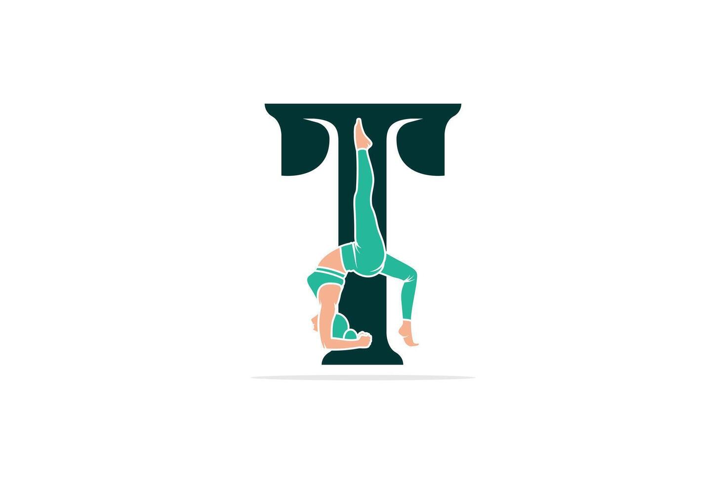 Esportes ioga mulheres dentro carta t vetor Projeto. alfabeto carta ícone conceito. Esportes jovem mulheres fazendo ioga exercícios com carta t logotipo Projeto.