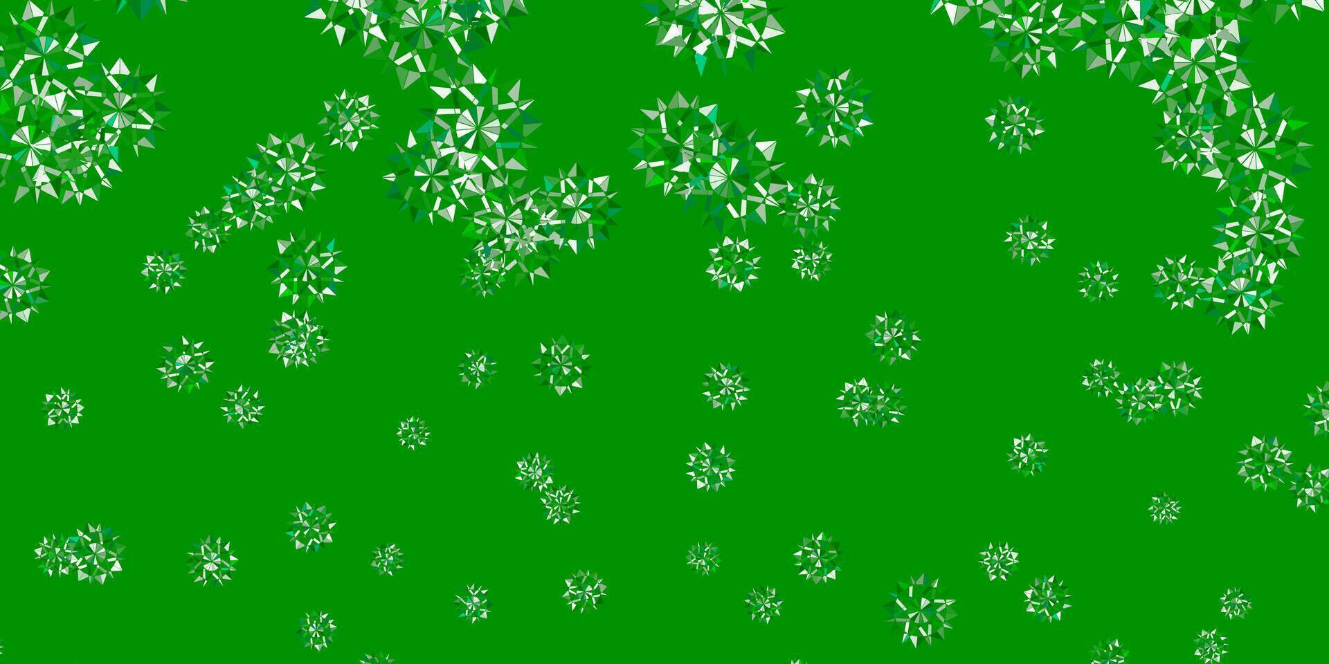 textura de vetor verde claro com flocos de neve brilhantes.