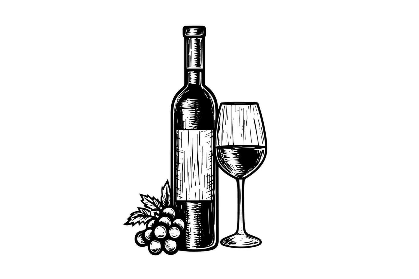 vinho garrafa e vidro do vinho e uvas. mão desenhado gravação esboço estilo vetor ilustrações.